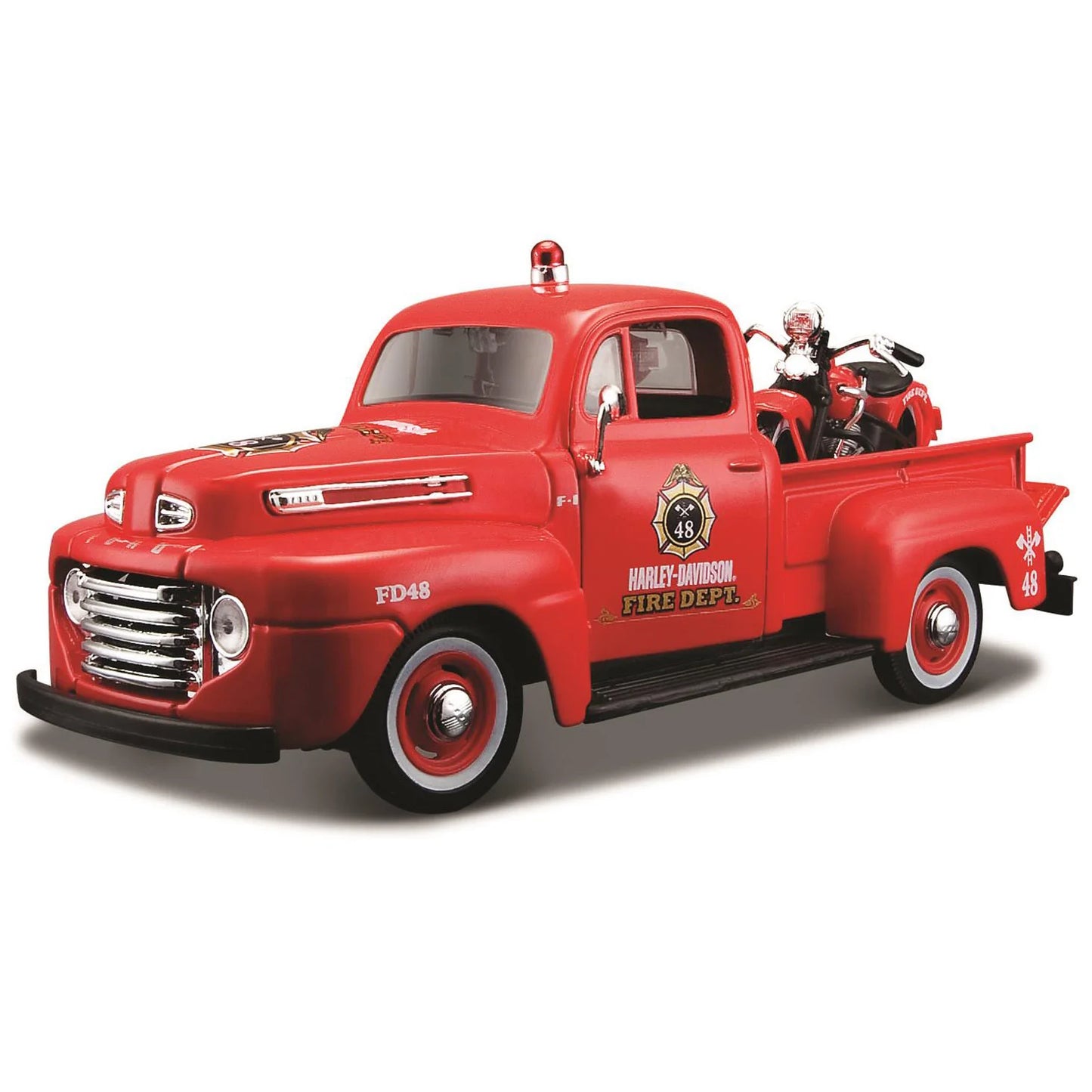 Harley-Davidson® 1948 Ford F-1 Pickup Truck Harley Davidson Fire with 1936 El Knucklehead Harley 1:24