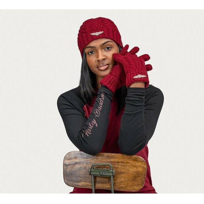 Harley Davidson® Women's Silver Wing Red Knit Hat and Glove Set