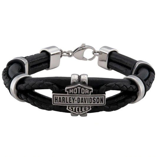Harley Davidson® Men's Vintage B&S Hardware & Leather Stainless Steel Bracelet
